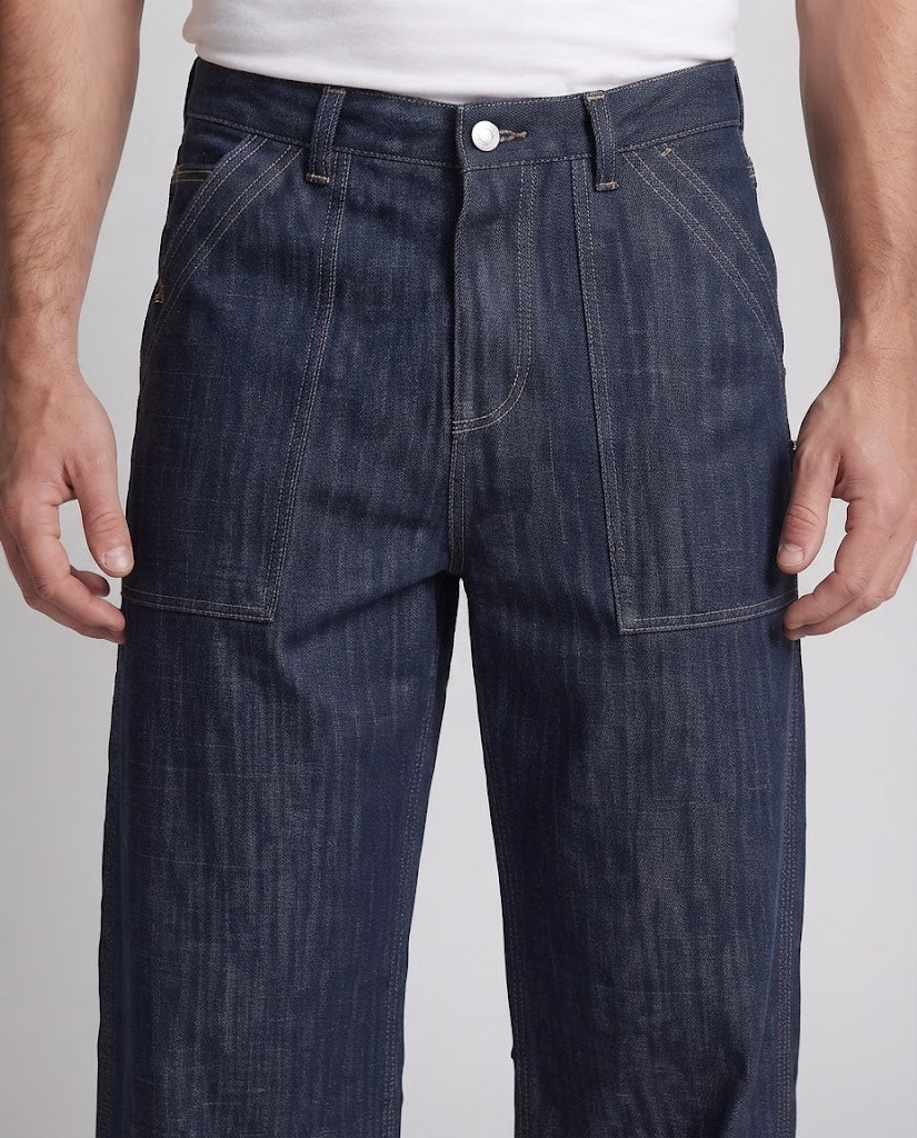 Men's denim palazzo pants in ultra-wide baggy cut with visible decorative seams and mounted front pockets Amarae