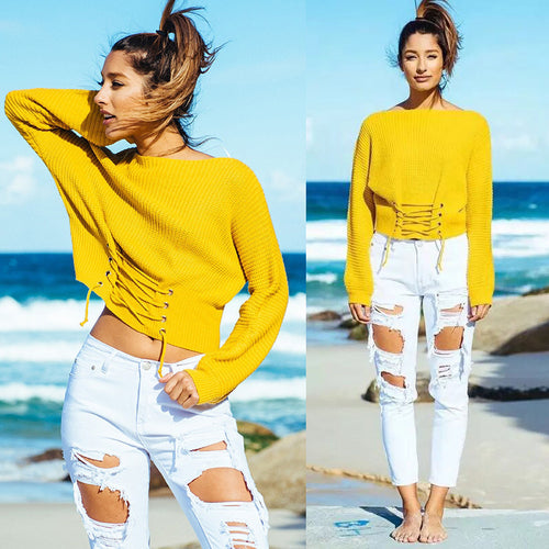 Casual knitted sweater for women with extravagant lace-up details Amarae