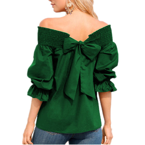 Off-shoulder blouse for women with ruffle sleeves and bow detail Amarae