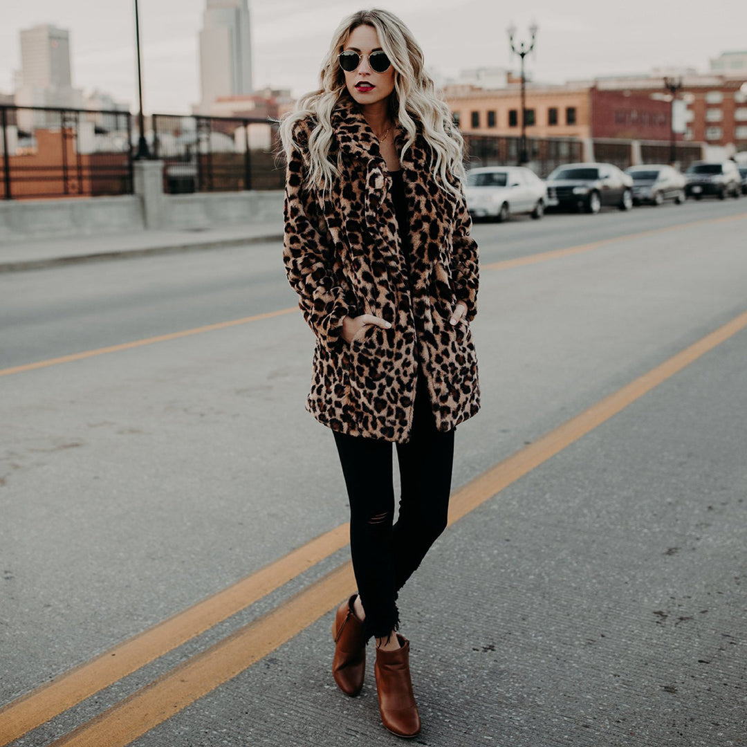 Ladies Faux Fur Leopard Print Jacket with Trendy Casual Cut Lune London