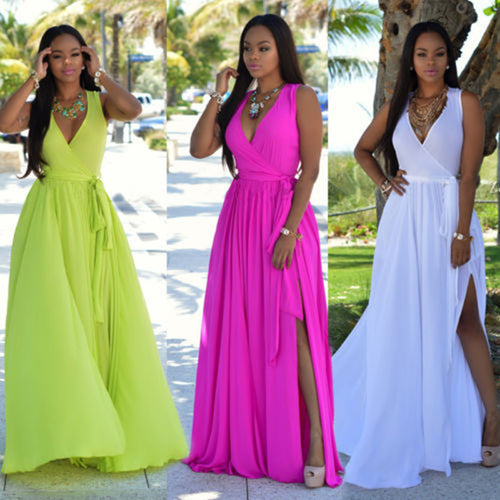 Women's maxi dress with deep V-neck and side slit