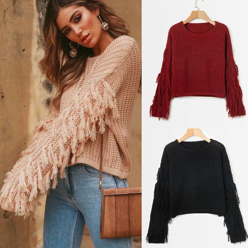 Pull tricoté pour femmes avec des manches frangées et une surface texturée Chic & Stil