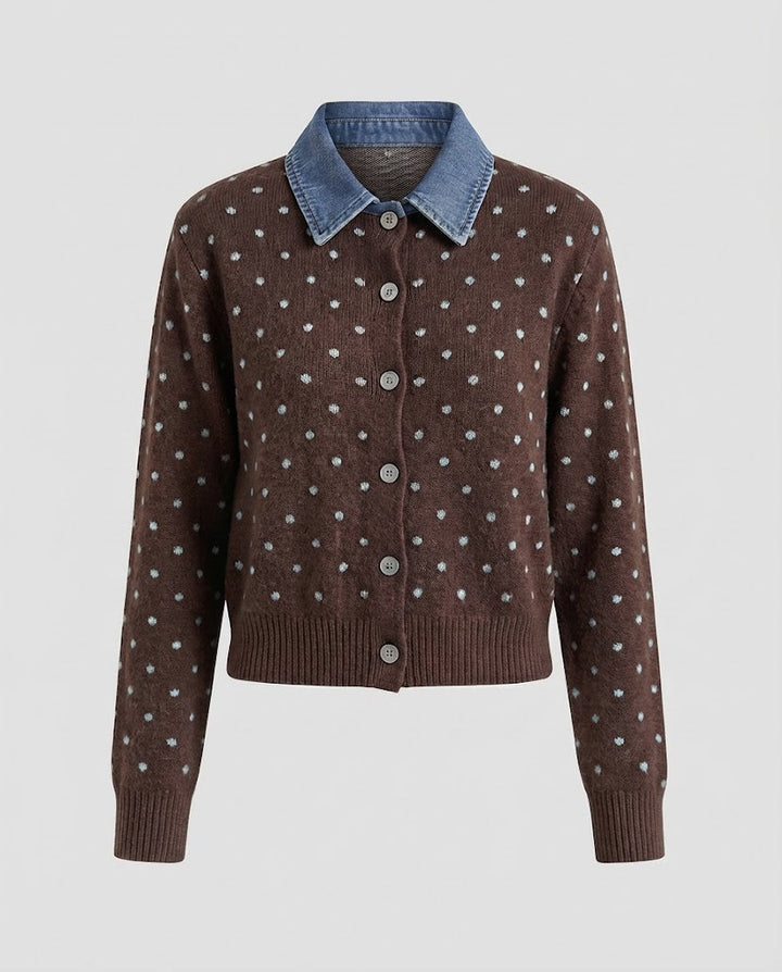 Women's Polka Dot Cardigan with Denim Collar and Button Placket Amarae