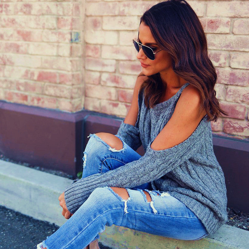 Knitted sweater for women with off-the-shoulder design and cable pattern Lune London
