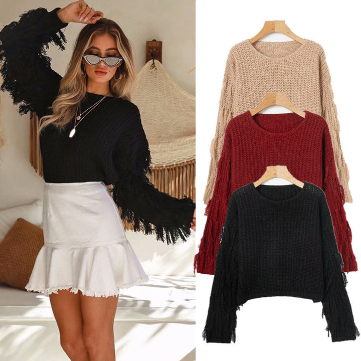 Structured sweater for women with original fringed sleeves Lune London