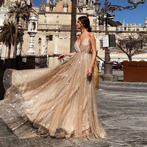 Ladies Glamorous Evening Dress with Deep V-Neck and Shining Sequins Amarae