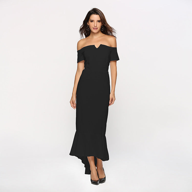 Women's Off-Shoulder Evening Dress with Elegant V-Neckline and Flowing Hem