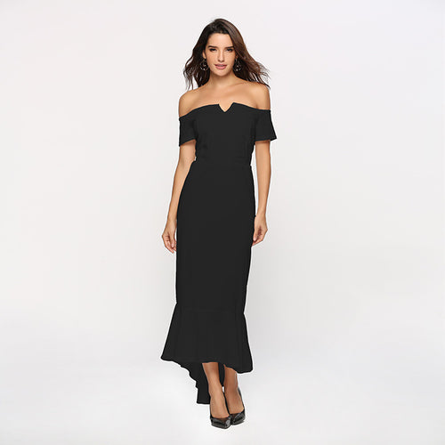 Women's Off-Shoulder Evening Dress with Elegant V-Neckline and Flowing Hem