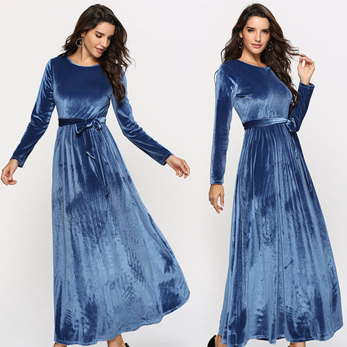 Women's elegant maxi dress made of soft velvet with waist belt Amarae