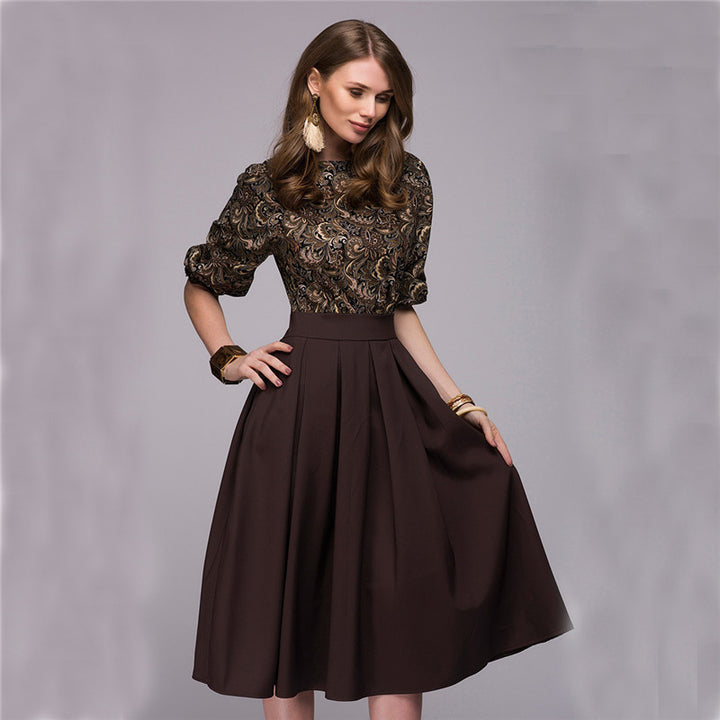 Ladies midi dress with tailored top made of jacquard and wide pleated skirt Amarae