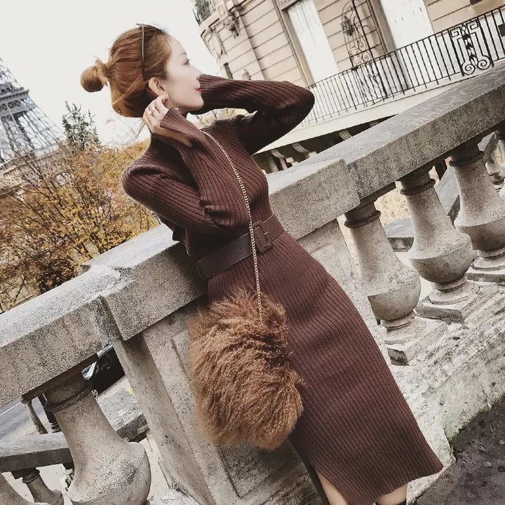 Robe tricotée pour femme avec ceinture et col haut Chic & Stil