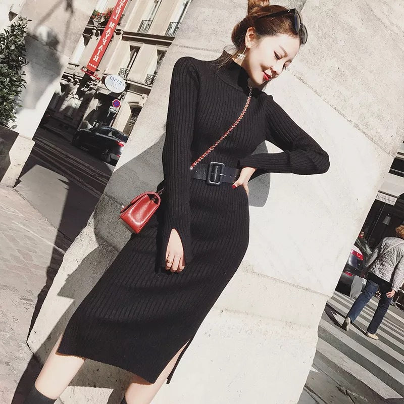 Robe tricotée pour femme avec ceinture et col haut Chic & Stil
