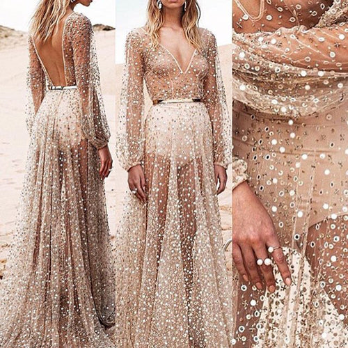 Women High-Quality Evening Dress with Sparkling Sequins and Transparent Fabric