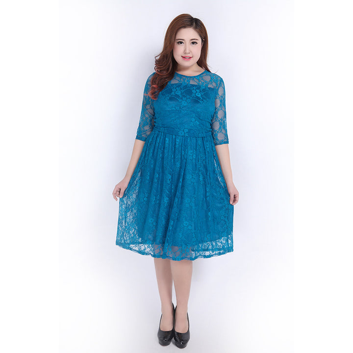 Women's lace dress with elegant round neckline and flared skirt Lune London