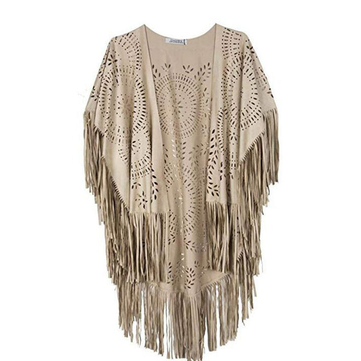 Women's fringed, lightweight kimono made of faux leather with cut-out pattern