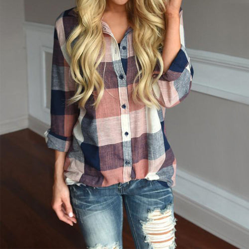 Plaid blouse for women with long sleeves and a relaxed fit Amarae