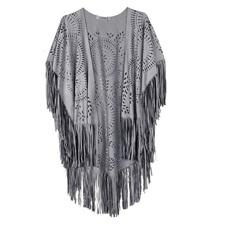 Women's fringed, lightweight kimono made of faux leather with cut-out pattern