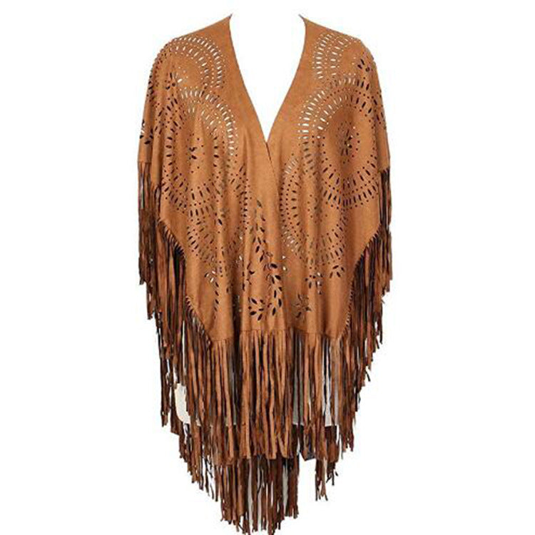 Women's fringed, lightweight kimono made of faux leather with cut-out pattern