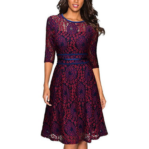 Ladies lace dress with elegant waist lacing and flared skirt