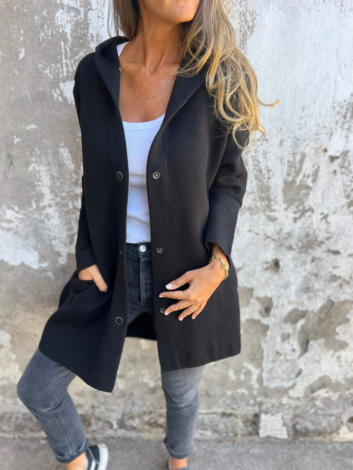 Amarae | Long Jacket - Wool Blend - Button Closure with Hood - Comfortable Fit