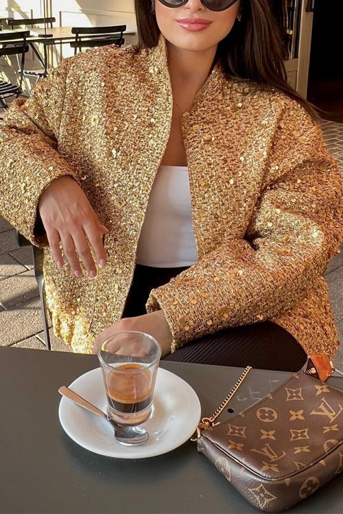 Lune London | Stand Collar Zip-Up Pockets Sequin Jacket