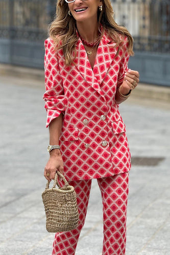 Amarae | Rosiedress Geometric Print Lapel Double Button Blazer and Flare Pants Set