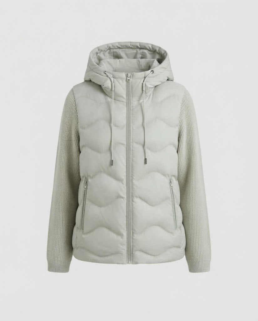 Women's hybrid quilted jacket with hood, quilted thermal front & knitted sleeves Amarae