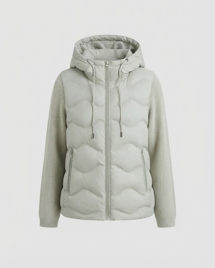 Women's hybrid quilted jacket with hood, quilted thermal front & knitted sleeves Amarae