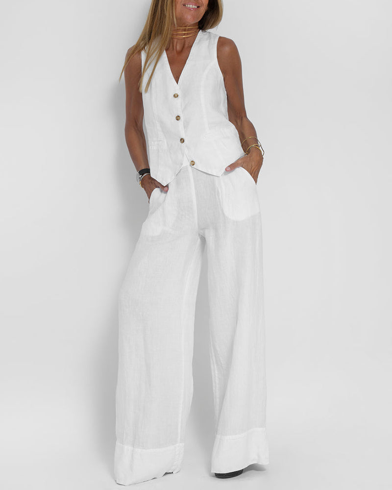 Lune London | Elegant 2-Piece Set Linen Wide Pants & Vest