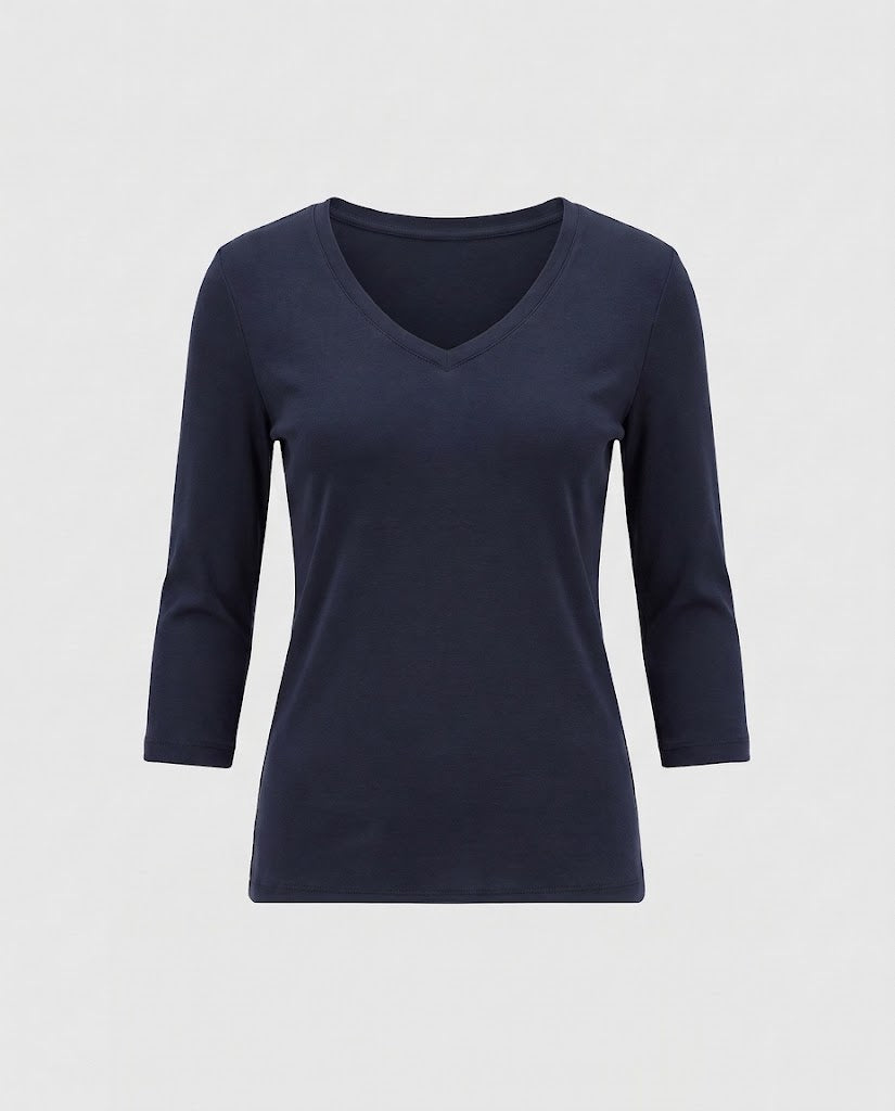 Women Fitted V-Neck Fine Knit Long Sleeve with Three-Quarter Sleeves Amarae
