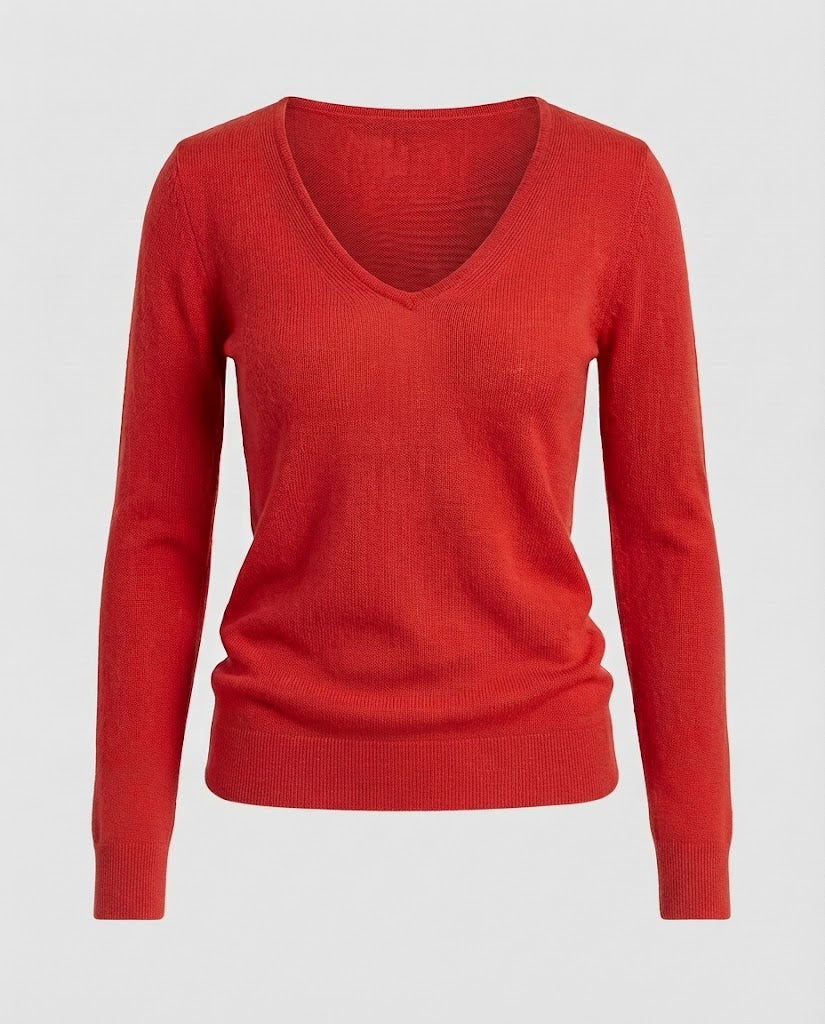 Women Fine V-Neck Fine Knit Sweater in Angora Look with Slim Silhouette Amarae