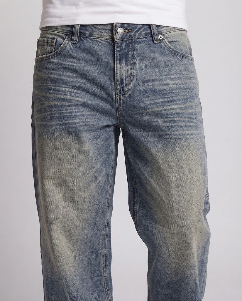 Men's Ultra Wide Vintage Denim Jeans in Palazzo Cut with Soft Fade Details Amarae