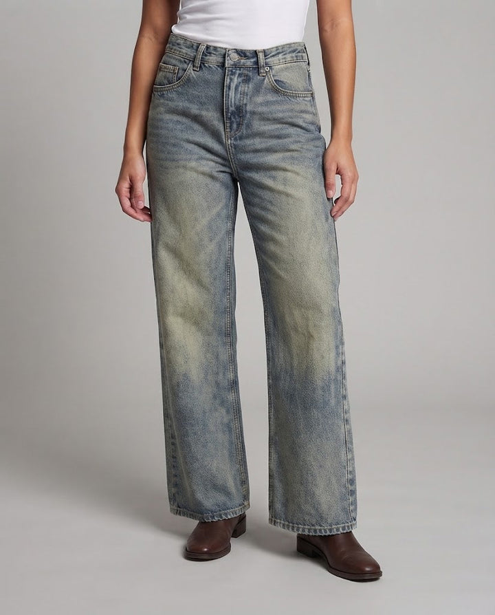 Women High-Waist Denim Flared Pants with Subtle Used Wash and Flared Leg Amarae