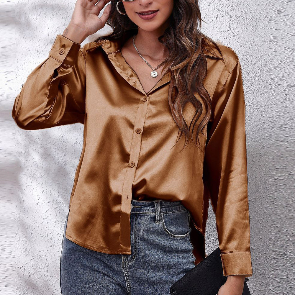Lune London | Solid Long Sleeve Shirt Made of Satin Imitation Silk for Women