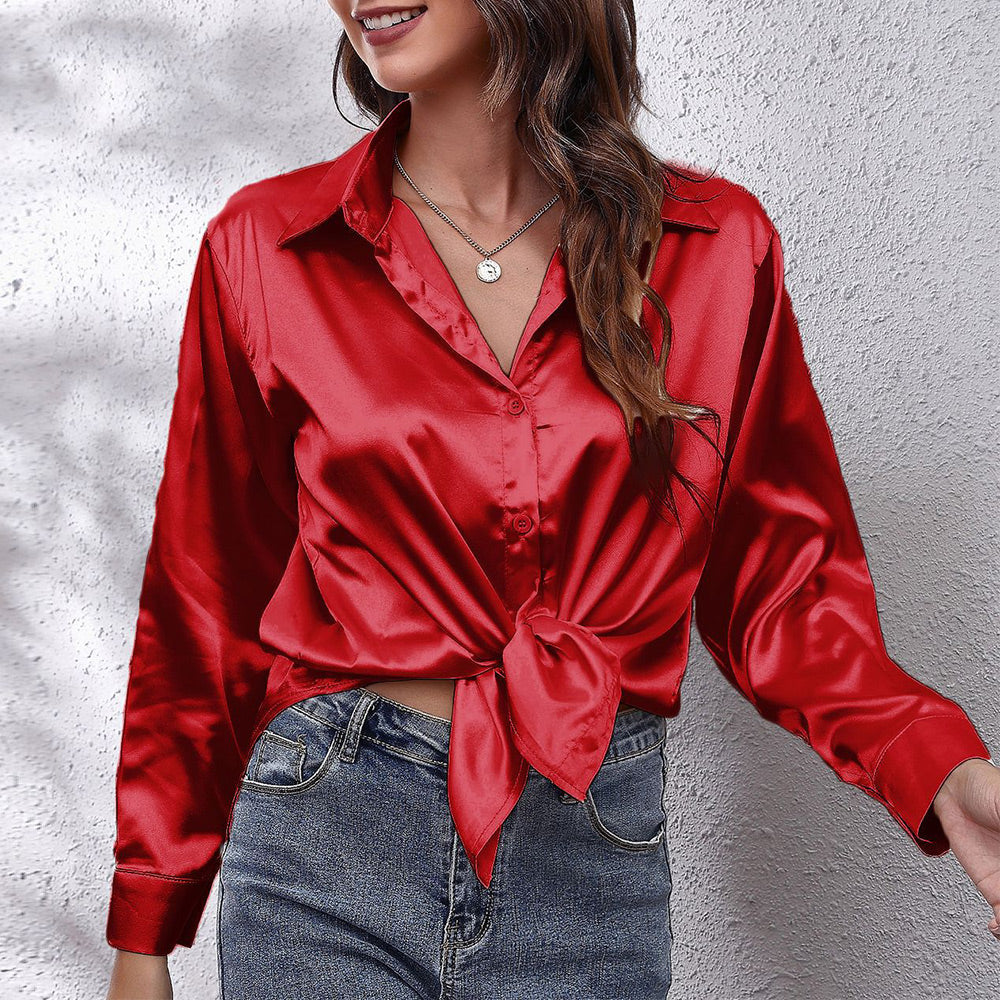 Lune London | Solid Long Sleeve Shirt Made of Satin Imitation Silk for Women