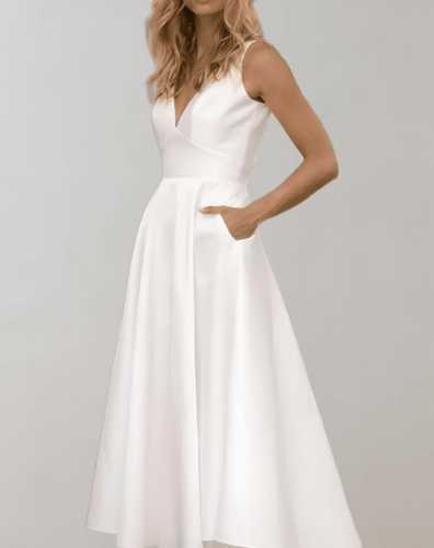 Amarae | White Minimalist Wedding Dress with Deep V-Neck and Pockets
