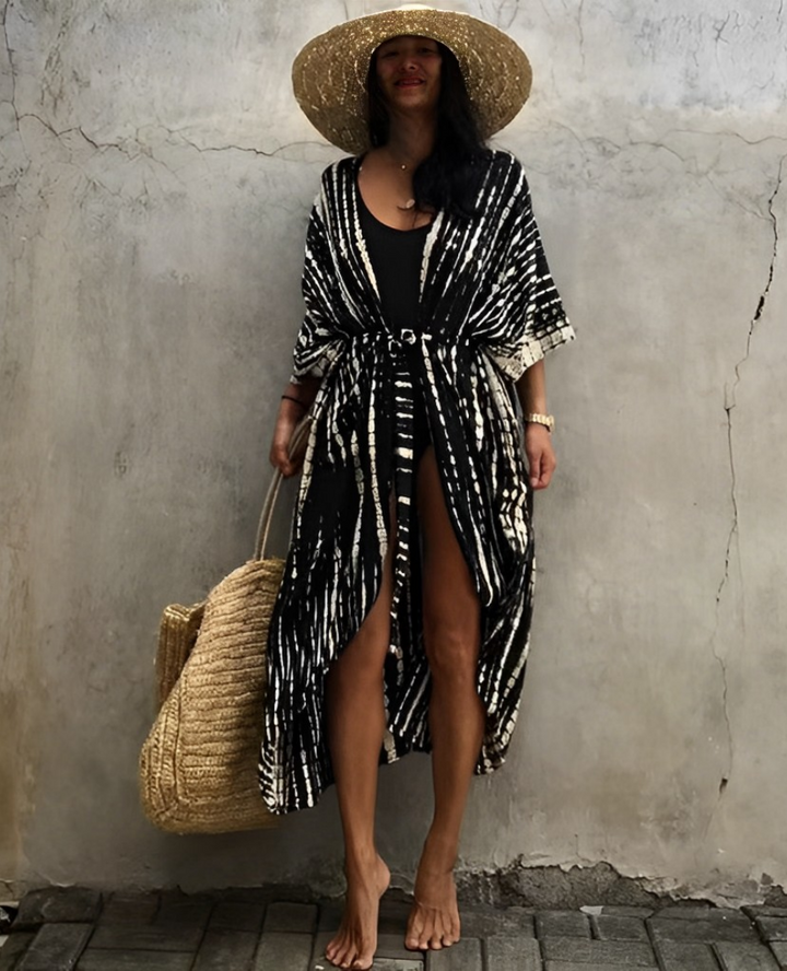 Lune London | Retro Kimono Longer, Patterned Beach Kimono with Belt for Women