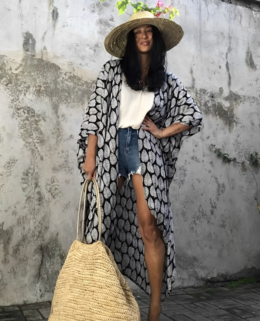 Lune London | Retro Kimono Longer, Patterned Beach Kimono with Belt for Women
