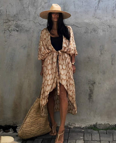 Amarae | Retro Kimono Longer, Patterned Beach Kimono with Belt for Women