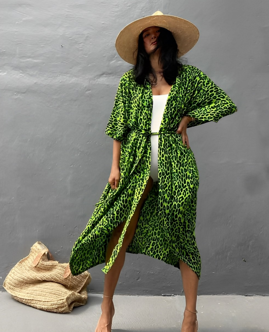 Lune London | Retro Kimono Longer, Patterned Beach Kimono with Belt for Women