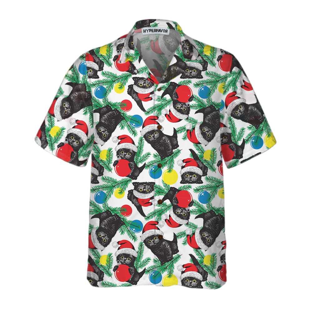 Lune London | Black cat with a Christmas hat Hawaiian shirt, Fun Christmas cat shirt