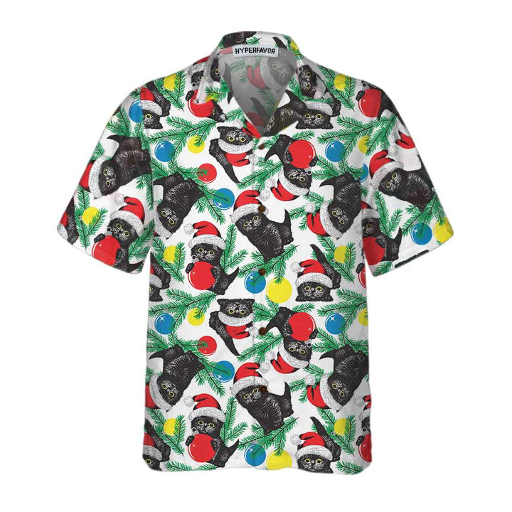 Lune London | Black cat with a Christmas hat Hawaiian shirt, Fun Christmas cat shirt