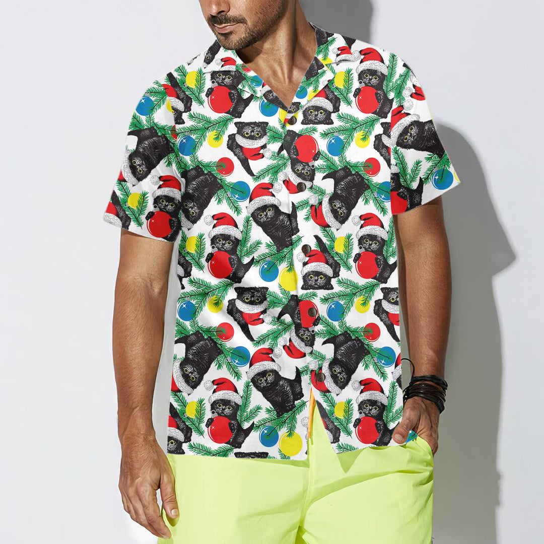 Lune London | Black cat with a Christmas hat Hawaiian shirt, Fun Christmas cat shirt