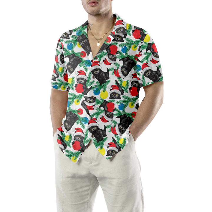 Lune London | Black cat with a Christmas hat Hawaiian shirt, Fun Christmas cat shirt
