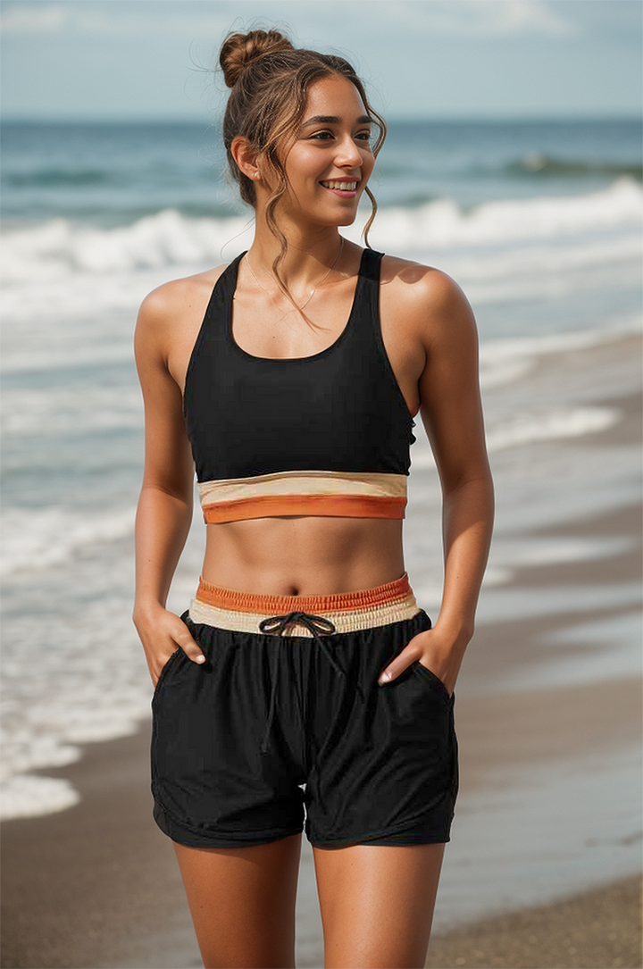 Lune London | Black Colorblock Zipper Back Sport Bikini Top with Boyshort Set