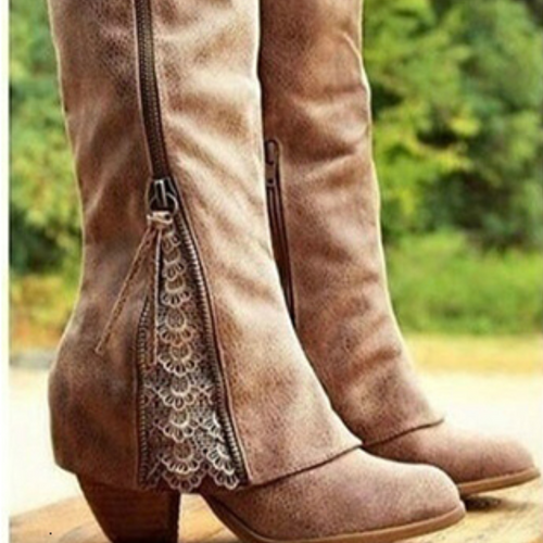 Amarae | Knee-length boots - Faux suede - Block heel - Round toe - Zipper & Lace-up details
