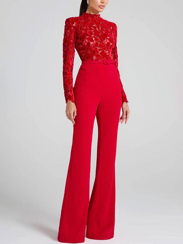 Amarae | Flared Jumpsuits English Embroidery Round Neck Long Sleeves Belt Women Elegant Casual Slim Fitness
