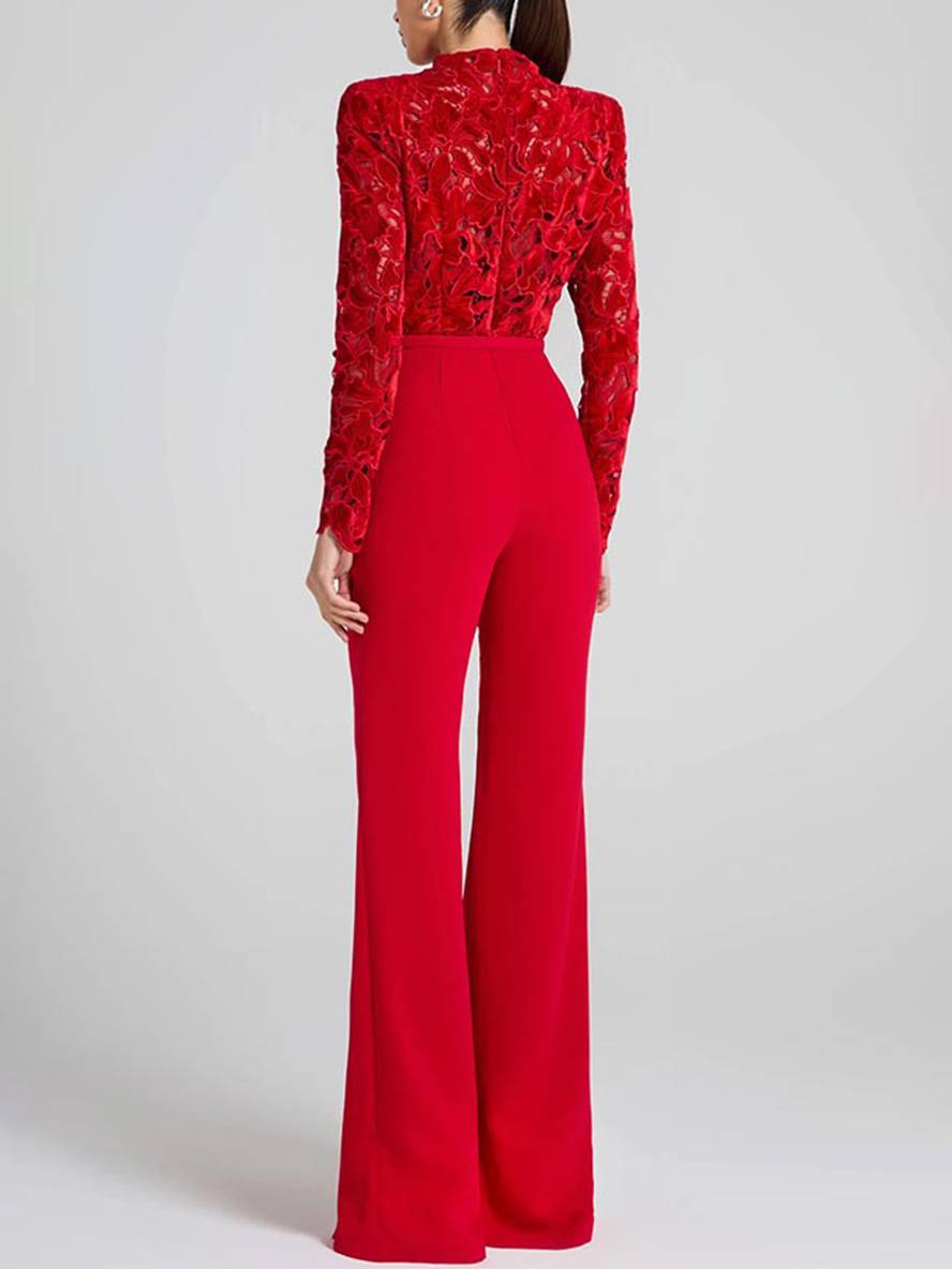 Lune London | Flared Jumpsuits English Embroidery Round Neck Long Sleeves Belt Women Elegant Casual Slim Fitness