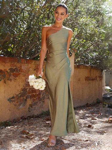 Amarae | Dress Bridesmaid Made Of Satin Fitted with Slit On The Side One Shoulder Sleeveless Elegant Evening Dress for Wedding