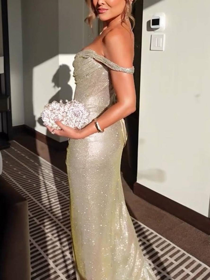 Lune London | Long Dress Shiny Sequins Boot Cut Irregular Slit Side Sleeveless Elegant Evening for Wedding